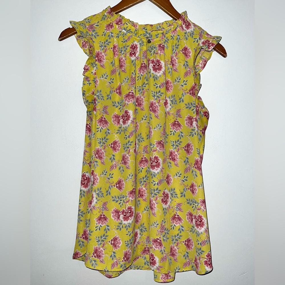 Ann Taylor Loft Ruffled Cap Sleeves Pleated Floral Print Top Blouse Sz L